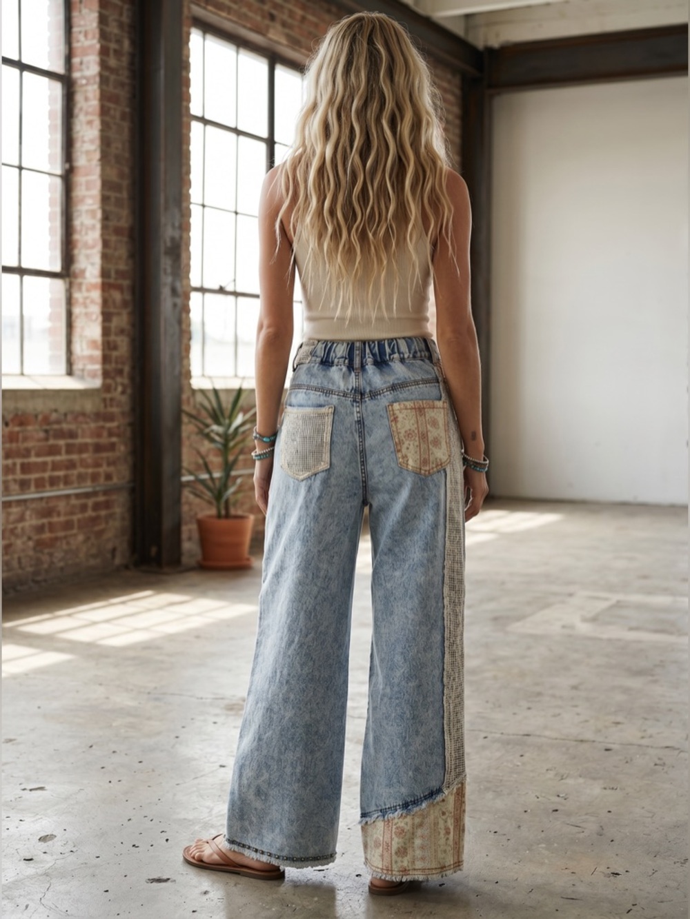 NWT POL Patchwork Crochet Boho Floral Print Wide Leg Relaxed Fit Denim Jean Pant - Picture 4 of 6